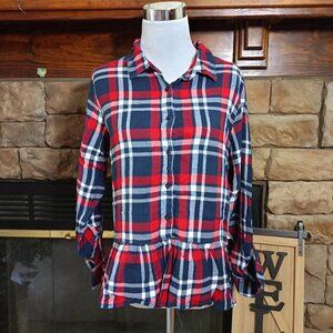 Japna Plaid Long Sleeve Button Down Blouse Top Ruffle Multicolored Juniors Sz XL
